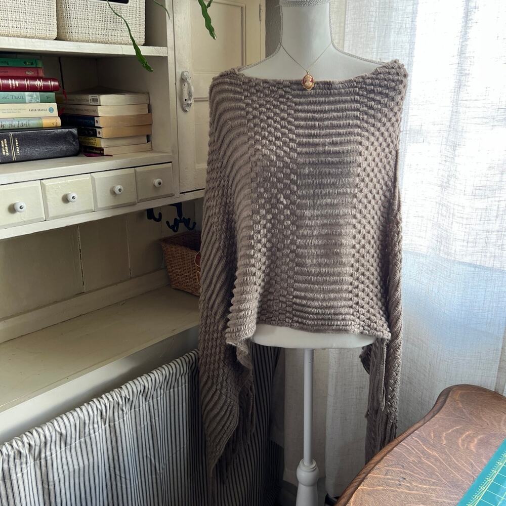 Beige dusty pewter knit shawl poncho with fringe trim